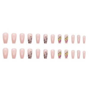 Long ballerina press-on nails with aurora butterfly and black star designs, 24 pieces set