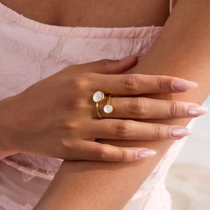 Adjustable 18K gold-plated stainless steel ring with two round white stones worn on finger