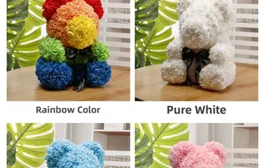 Detail showing multi-colored, white, blue and pink PE foam roses on handmade bears