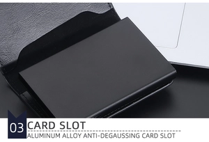 Detail of RFID-blocking aluminum alloy card slot with black vintage leather texture