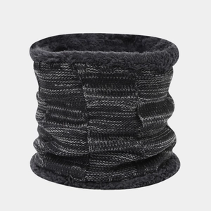 Close-up of winter neck warmer featuring mixed-color knit and thick fleece lining