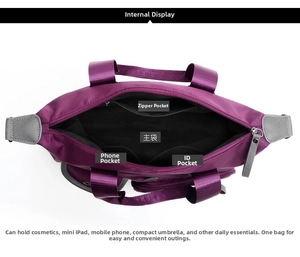 Detailed top view of the purple nylon tote bag interior with multiple storage pockets