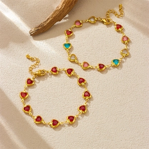 Bracelet Chaîne à Maillons en Acier Inoxydable Plaque Or Forme de Cœur avec Strass Style Coréen pour Femmes Doux Cœur en Verre Coloré Bijoux de Main Cadeau