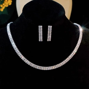 Elegant silver bridal jewelry set with square cubic zirconia necklace and earrings