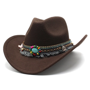 Brown western wool felt cowboy hat with ethnic turquoise beads and fringe band