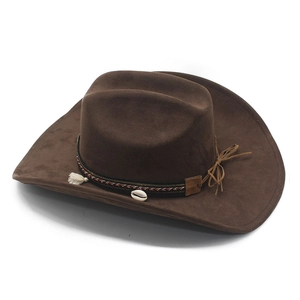 Detail of dark brown western cowboy hat with colorful braided band and shell charms