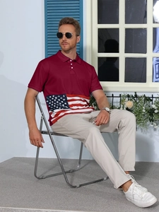 Men's burgundy polo shirt with US flag print detail on sleeve and front placket