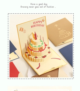 Detailed 3D pop-up birthday card featuring a three-tier cream cake with strawberry accents