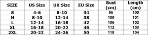Tabella taglie dettagliata per abito linea A con misure US, UK ed EU in centimetri