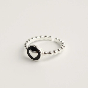 Minimalist S925 sterling silver heart ring with black enamel and beaded adjustable band