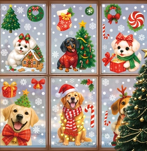 Detailed Christmas window stickers featuring cute dogs, wreaths, and gingerbread houses