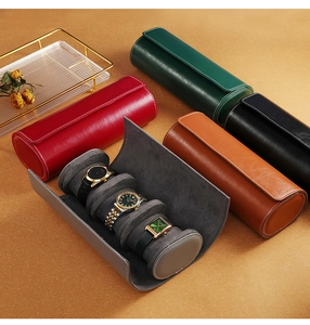 Variety of portable leather watch rolls in multiple colors for three watches storage