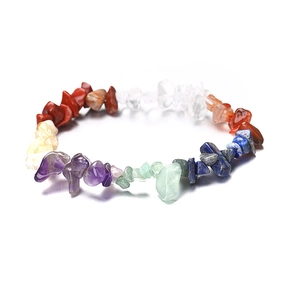 Detailed macro view of colorful natural crushed crystal stones on a stretch bracelet