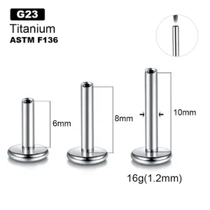 F136 titanium flat back labret studs with internal threading in 6mm 8mm 10mm lengths