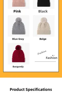 Close-up of cable knit winter beanies with pom-poms in five assorted trendy colors