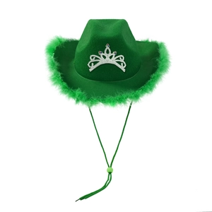 Green western cowboy hat with fluffy feather trim and sparkling rhinestone crown tiara
