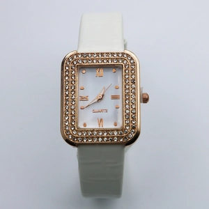 Elegant square rose gold quartz watch with diamond bezel and white leather strap