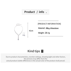 Detailed size chart for the teardrop rhinestone necklace and earring jewelry set