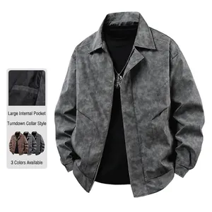 Giacca Casual Uomo Pelle Sintetica Invecchiata Antivento Colletto Rovesciato Cerniera Moda High Street Colore Solido