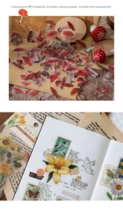 Macro shot of waterproof PET vintage mushroom stickers on wood with floral journal layouts