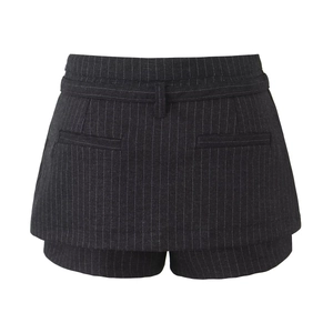 Women's dark gray striped culottes featuring a layered design and vertical pinstripes