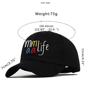 Black cotton baseball mom hat with colorful embroidery and sizing details