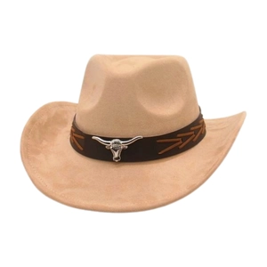 Detail of western cowboy hat with brown bull head emblem and braided leather band