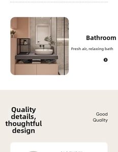 Close-up of modern minimalist bathroom vanity with pink matte finish and grey stone top