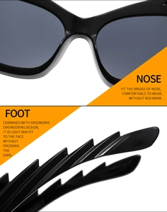 Detail view of black cat-eye sunglasses featuring ergonomic nose pads and serrated temples