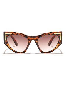 Detail of leopard print cat eye sunglasses with gradient brown lenses and gold hardware