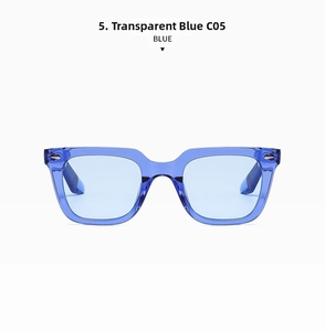 Detailaufnahme der transparent blauen quadratischen Sonnenbrille C05 mit Politur