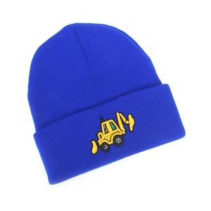 Close-up of a blue knitted beanie featuring a yellow excavator embroidery for kids
