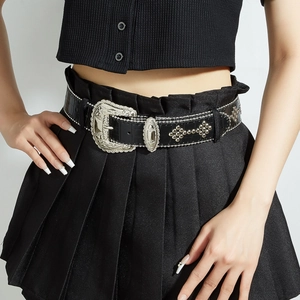 Western Cowboy Belt PU Leather Crocodile Pattern Rhinestone Studded Vintage Carved Buckle Punk Y2K Gothic Waistband