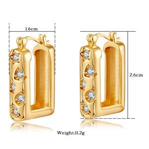Detailed view of gold rectangular hoop earrings with zircon stars and size dimensions