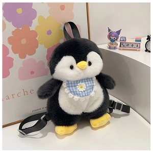 Plush penguin backpack featuring a blue plaid daisy bib and adjustable straps for kids