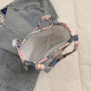 Checkered patchwork denim tote bag with ALE lettering and spacious inner lining