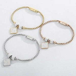 Sparkling crystal square pendant chain bracelets in gold silver and rose gold finishes