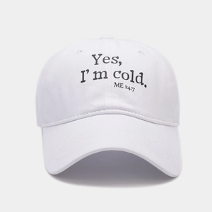 White washed cotton baseball cap with black letter printing and a curved brim design