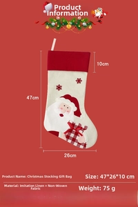 Detail of Christmas stocking gift bag showing size 47x26cm and Santa Claus patchwork