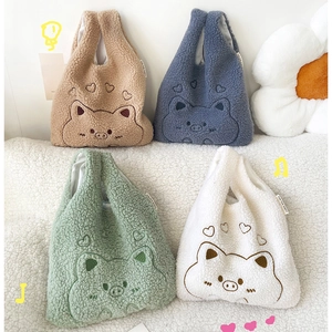 Cute Cartoon Pig Embroidery Plush Handbag Lamb Wool Fabric Soft Wrist Bag For Women Girls Autumn Winter Casual Sweet Style