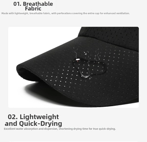 Detail of black mesh fabric showing breathable quick-dry vents for outdoor sports cap