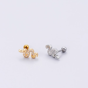 Chic snake-shaped stainless steel ear studs with zircon accents in gold and silver