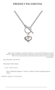 Detailed specs of S925 silver heart necklace with OT buckle and white gold finish