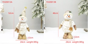 Detail showing two sizes of telescopic Christmas snowmen with gold print and dimensions