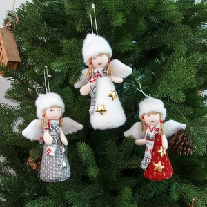 Three plush angel Christmas tree hanging decorations in white, grey, and red colors