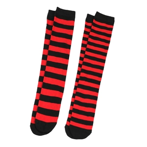 Detail of red and black striped knee-high socks with knitted cotton texture