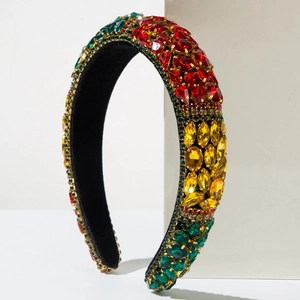 Padded baroque headband featuring luxury colorful rhinestones on black velvet fabric