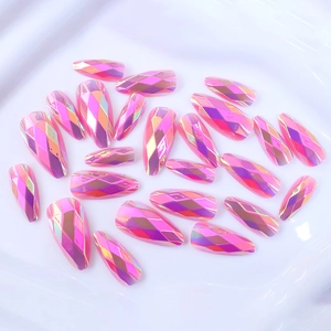 Detailed view of 24pcs long almond press-on nails with purple aurora diamond pattern