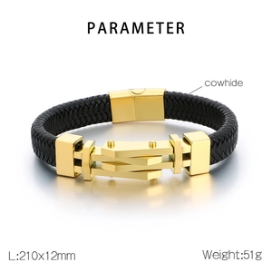 Dettaglio del bracciale in pelle intrecciata con fibbia dorata e specifiche tecniche