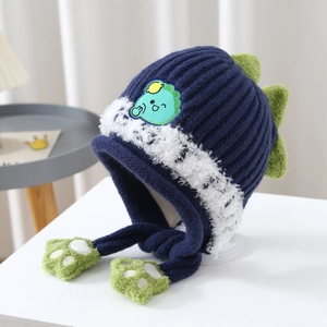 Winter knit dinosaur earflap hat for kids with thick navy wool and cozy plush lining